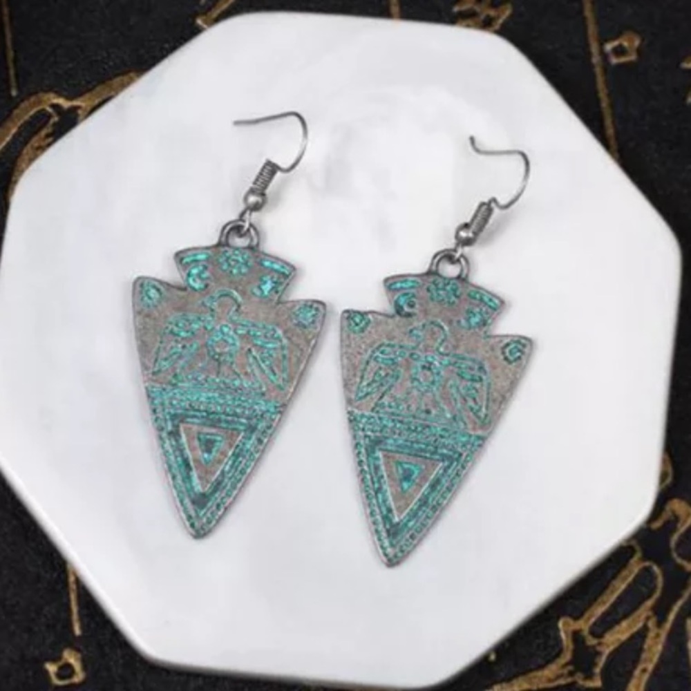 Indian Style Turquoise Arrowhead Tribal Earrings - Picture 3 of 6